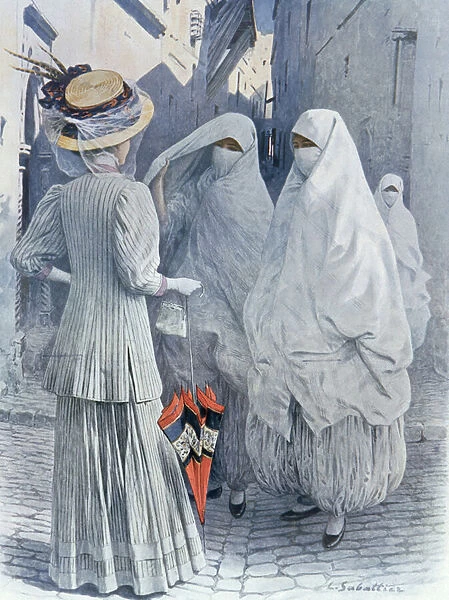 A European woman in Algeria, 1910 (colour litho)