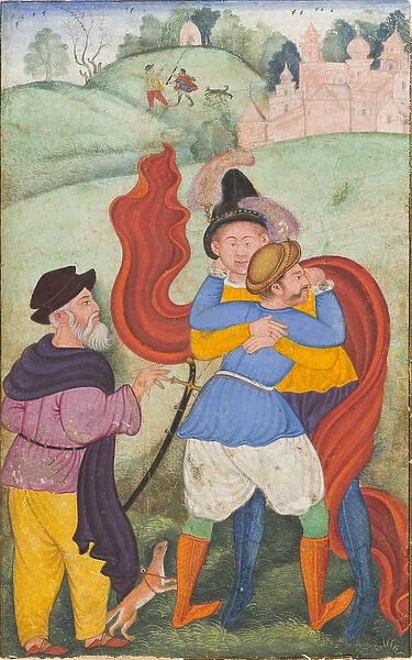 Europeans Embracing, c. 1590 (opaque watercolour, gold, and ink on paper)