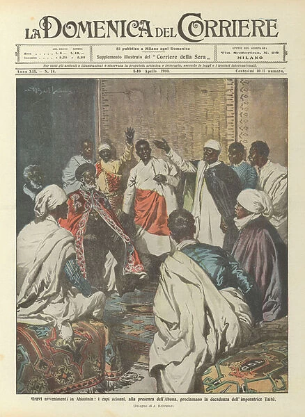 Serious events in Abyssinia, the Scioan leaders, in the presence of the Abuna, proclaim the decadence... (colour litho)