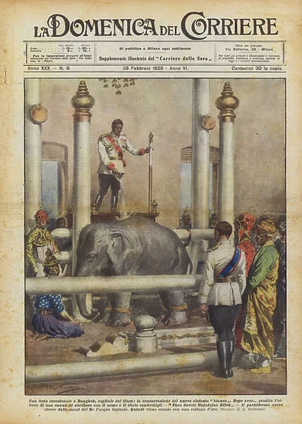 An exceptional celebration in Bangkok, the capital of Siam, the consecration of the new white elephant (colour litho)