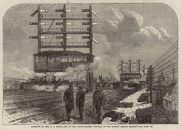 Exterior of the A B Signal-Box of the South-Eastern Railway at the London Bridge Station (engraving)