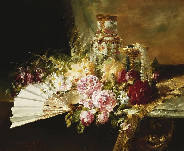 A Fan with Roses, Daisies and a Famille Rose Vase on a Draped Table, 1881 (oil on canvas)