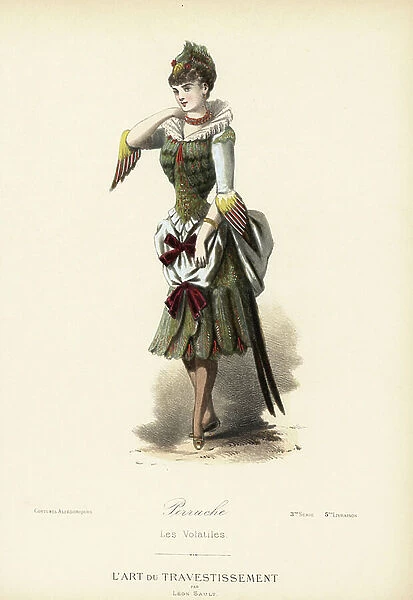 Fancy dress costume of a parakeet, with beaked headdress, winged sleeves and feather bodice and dress with ribbons. Handcoloured lithograph after a design by Leon Sault from '' L'Art du Travestissement' (The Art of Fancy Dress), Paris, c.1880