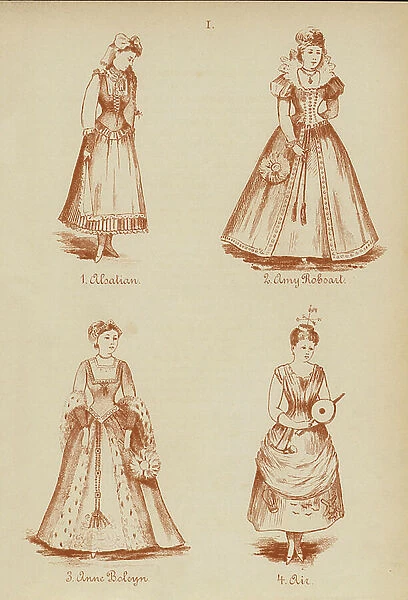 Fancy dress outfits: Alsatian, Amy Robsart, Anne Boleyn, Air (litho)