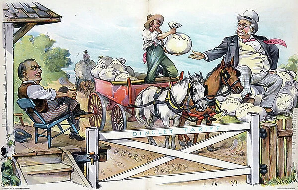 Farmer on 'Prosperity Road' stopped at a gate labelled 'Dingley Tariff', 1897