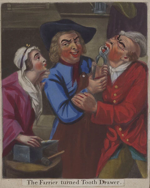 Farrier extracting teeth with a hoof nipper (colour litho)