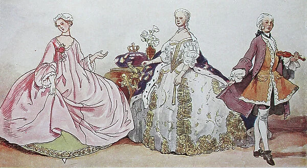 Fashion, clothing, traditional costumes in France at the time of the Rococo around 1730-1745