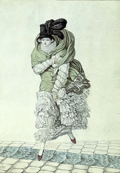 Fashion plate depicting a lady crossing a sewage stream, 1811 (colour engraving)