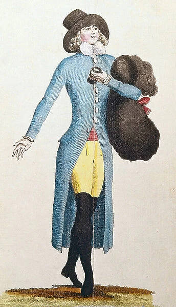 Fashion of the wonderful: young dandy man holding a twin in his hand, 1789 (engraving)