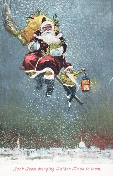 Father Christmas on his broom, Christmas Card (chromolitho)