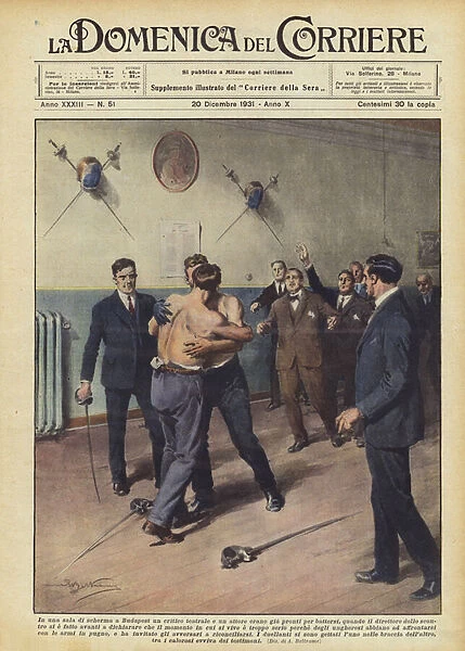 In a fencing hall in Budapest, a theater critic and an actor were already ready to fight... (colour litho)