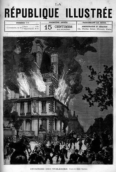 Fire of the Flore Pavilion in the Tuileries in Paris. A newspaper
