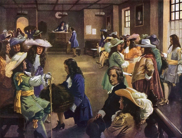 The first sale of furs at Garraways Coffee-House, London, 1671 (colour litho)