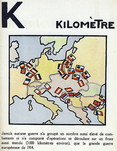 First World War 1914-1918 (14-18): Letter K as kilometre. Map of countries at war extending over 3000 km. Engraving in '' Alphabet of the Great War 1914-1916 (for the children of our soldiers)''. Editions Berger-Levrault, 1918