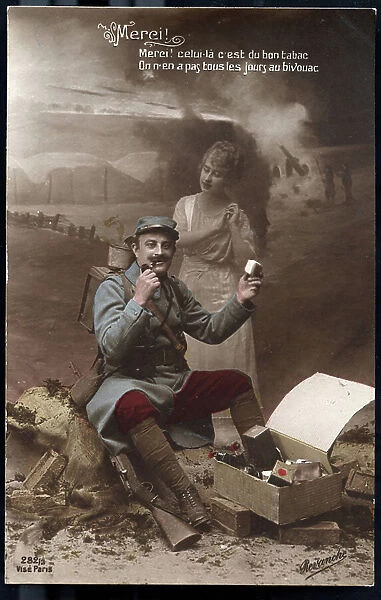 First World War: France, Patriotic Map showing in a bucolic trench a hairy with his pipe opening a gift package containing drink and chocolate, titled 'Thank you', 1915