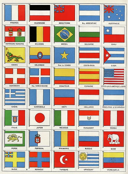 Flags of forty countries, circa 1890. Colour lithography, 19th century