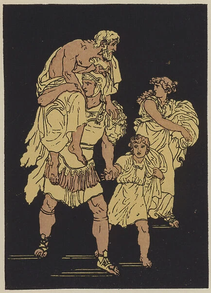 The flight from Troy (colour litho)