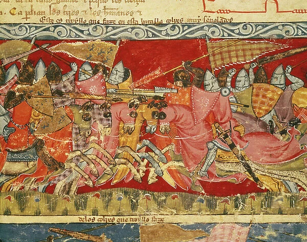 Fol. 110r Battle between Greeks and Trojans, from the Codex Benito Santa Mora (vellum)