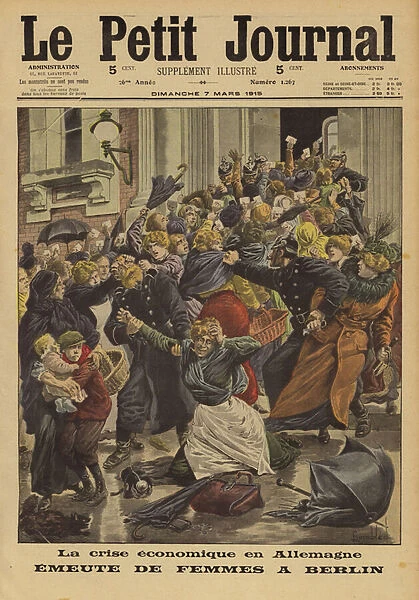 Food shortages in Germany: women rioting at a sale of potatoes in Berlin, World War I, 1915 (colour litho)