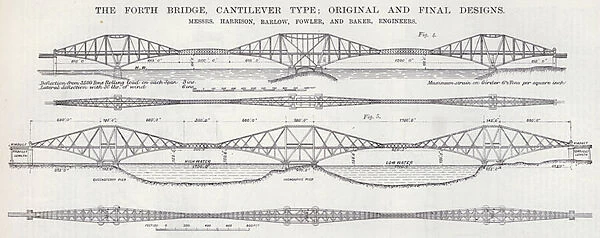 The Forth Bridge, Cantilever Type; Original and Final Designs (engraving)