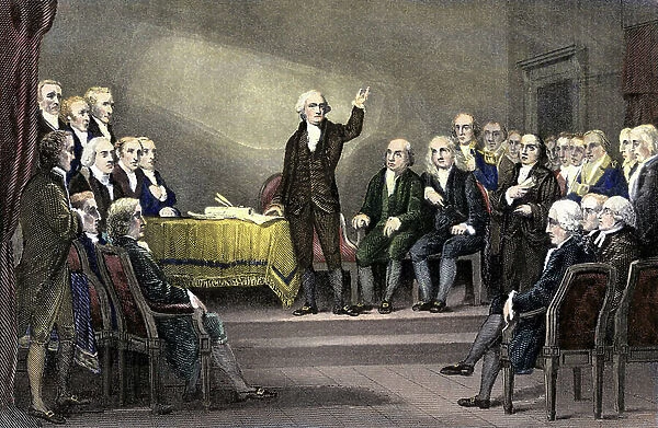 Foundation and Proclamation of the United States of America: George Washington presides over the Constitutional Convention adopting the American Constitution in 1787 in Philadelphia