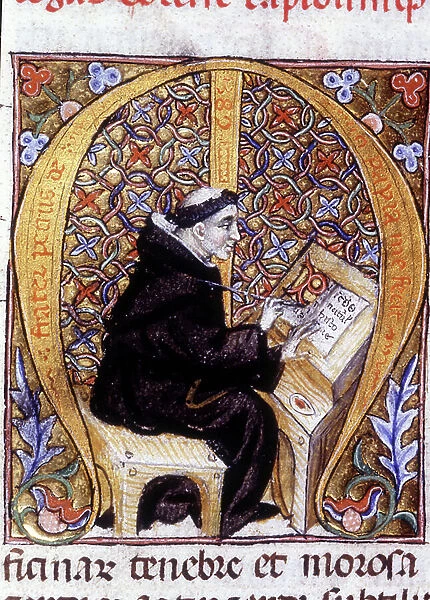 Fra Pietro di Pavia (Frere Pierre de Pavia), a copyist at work ('M'). 14th century manuscript