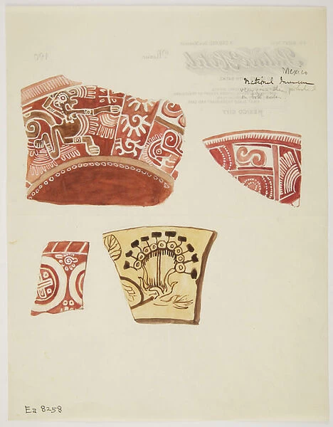 Three fragments of red pottery with designs incLuding a running dragon-like figure in