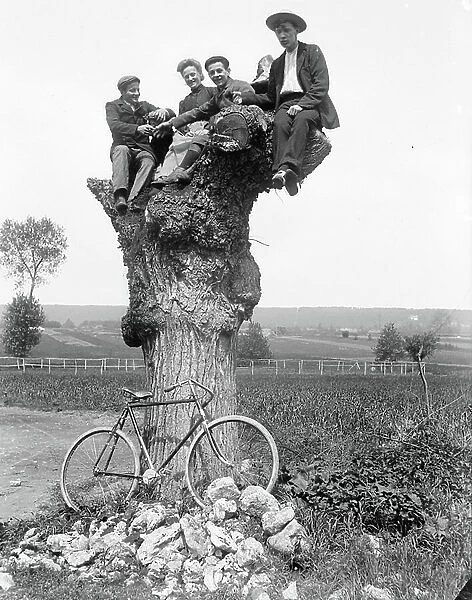 France: three men and one woman sitting on the trunk of a willow at the foot, with a bicycle with a gimbal transmission that replaces a chain, 1900