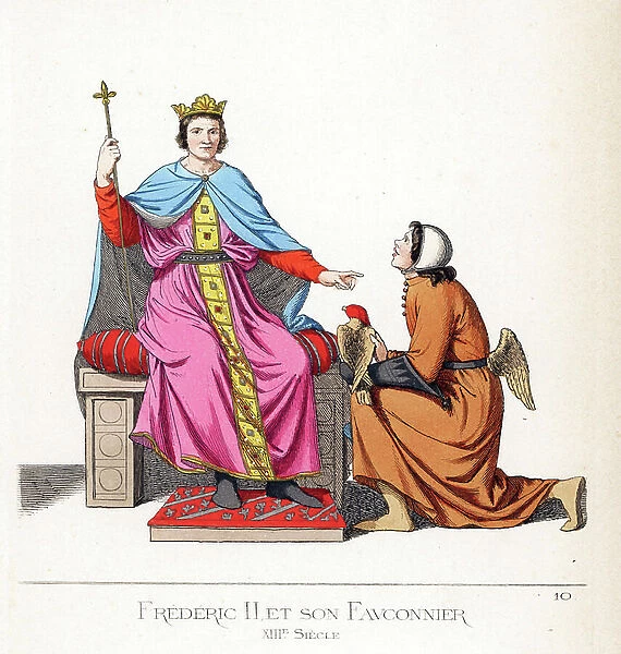 Frederic II of Hohenstauffen (1194-1250) (Frederic II of the Holy Empire) and his falconer - Frederick II and his falconer, 13th century - Frederick II wears a gold crown, blue chlamys secured with gold clasp