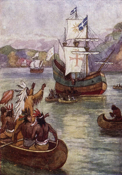 French explorer Jacques Cartiers ships on the St Lawrence River, Canada, 1535 (colour litho)