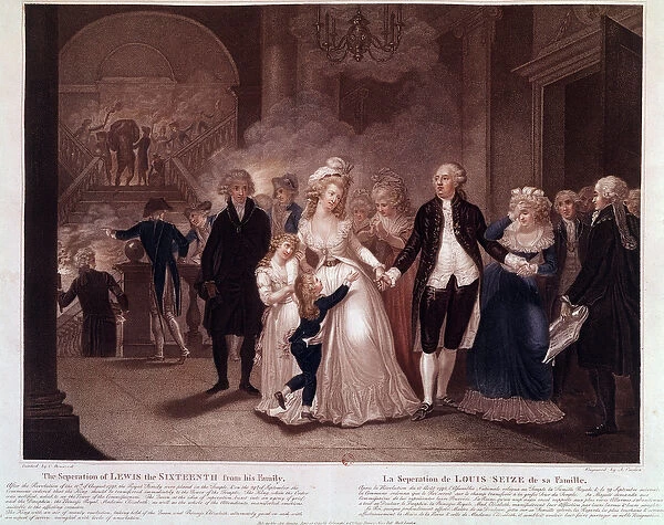 French Revolution of 1789: Louis XVI separates from his family, 1793. Engraving of 1793