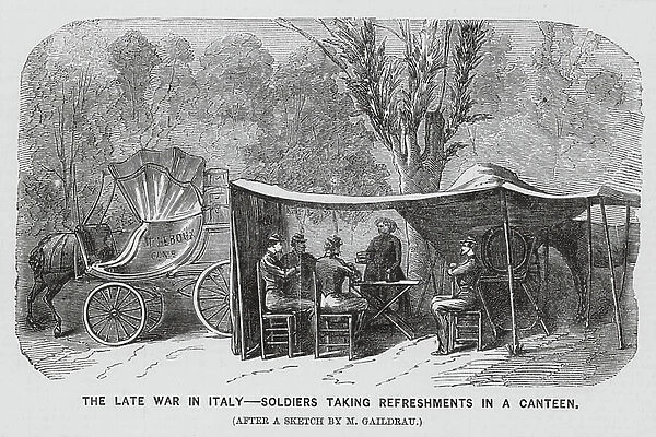 French soldiers taking refreshments in a canteen, Italy (engraving)