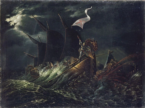 Frithjof kills two ocean trolls, 1826 (oil on canvas)