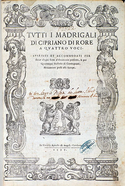 Frontispiece of madrigals by Cipriano de Rory, 1577