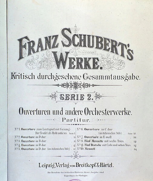 Frontispiece of musical score of various overtures by Franz Schubert