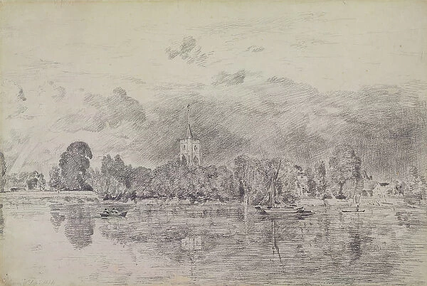 Fulham church from across the River, 1818 (graphite on paper)