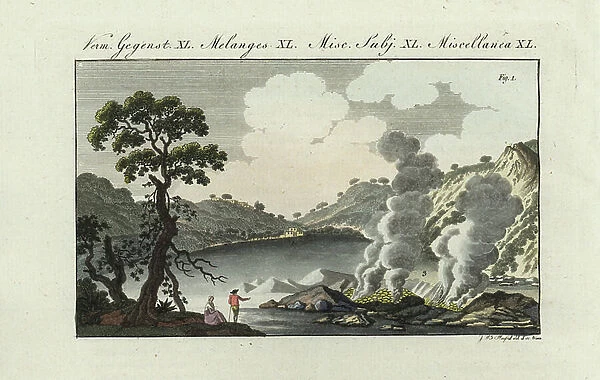 Fumarole or sulphuric gases escaping from Solfatare volcano near Naples, Italy - Fumarole or sulphuric gases escaping from Solfatara volcano near Naples. Handcoloured copperplate engraving by J.B