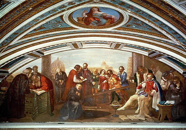 Galileo Galilei demonstrating law of gravity in presence of Giovanni De Medici, Tribune of Galileo, Florence, c. 1839 (fresco)