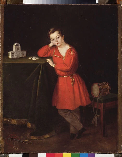 Un garcon avec une tunique rouge devant un chateau de cartes sur la table. Peinture anonyme, huile sur toile, vers 1830. Art russe, 19e siecle. State Russian Museum, Saint Petersbourg