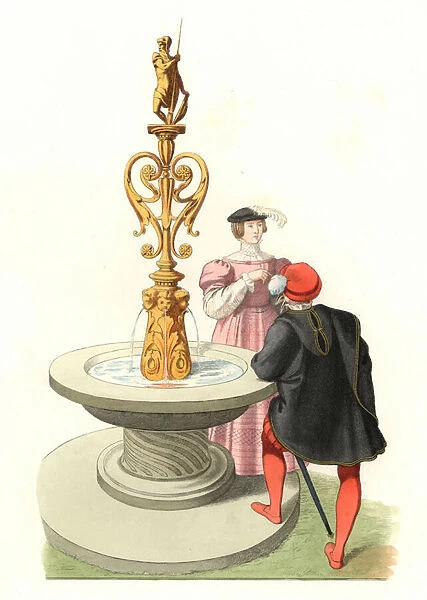 Gentilhomme et dame, nobility anglaise, 16th century - Lithography based on an illustration by Edmond Lechevallier-Chevignard (1825-1902), from 'Costumes historiques des 16e, 17e et 18e ecles'by Georges Duplessis (1834-1899), edition 1867