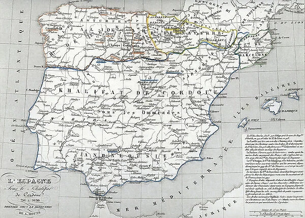 Geographic map of Spain and Portugal under the Caliphate of Cordoba between 756 and 1030 (Al-Andalus, Iberic peninsula under Muslim domination) (map of Spain and Portugal (Islamic iberia or Al-Andalus)