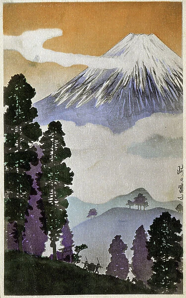 Geography. Japan. Mount Fuji. Woodcut by Hiroshige in: Fifty Three Stations of the Tokaido (1833-1834). Postcard, Japan, c.1900. Woodcut by Hiroshige in: Fifty Three Stations of the Tokaido (1833-1834). Postcard, Japan, c.1900 (postcard)