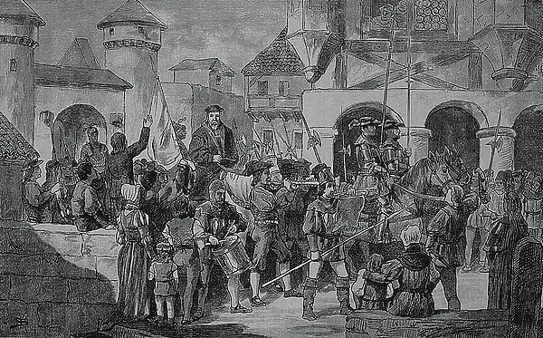 German Peasants War (1524-1526): Hubmaier is solemnly received in Landshut, 19th century (engraving)