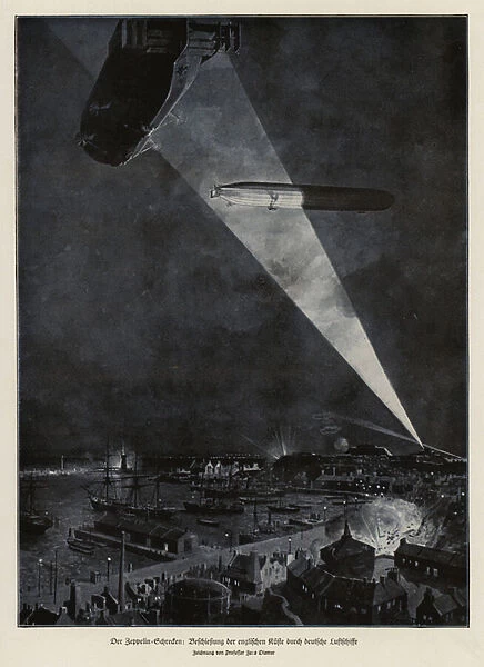 German Zeppelins attacking the English coast; World War I (litho)