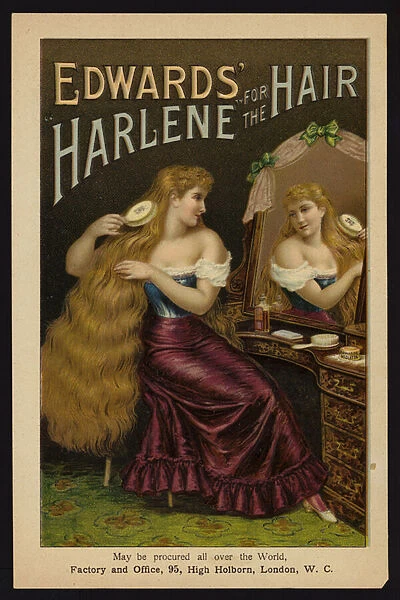 Girl brushing her long blonde hair; Edwards Harlene for the Hair (chromolitho)