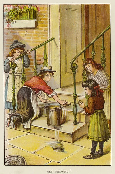 Girl cleaning the front steps of a house (chromolitho)