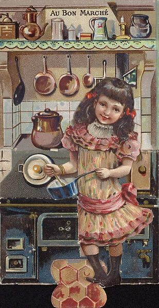 Girl Cooking in Kitchen (chromolitho)