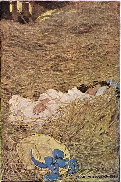 A girl in a hayloft, from A Childs Garden of Verses by Robert Louis Stevenson, published 1885 (colour litho)