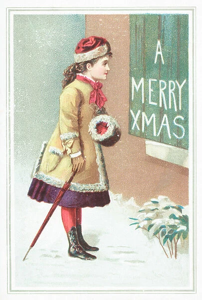 Girl reading Christmas sign, Christmas Card (chromolitho)
