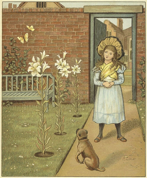 Girl in a walled garden, besides lilies and her dog (colour litho)